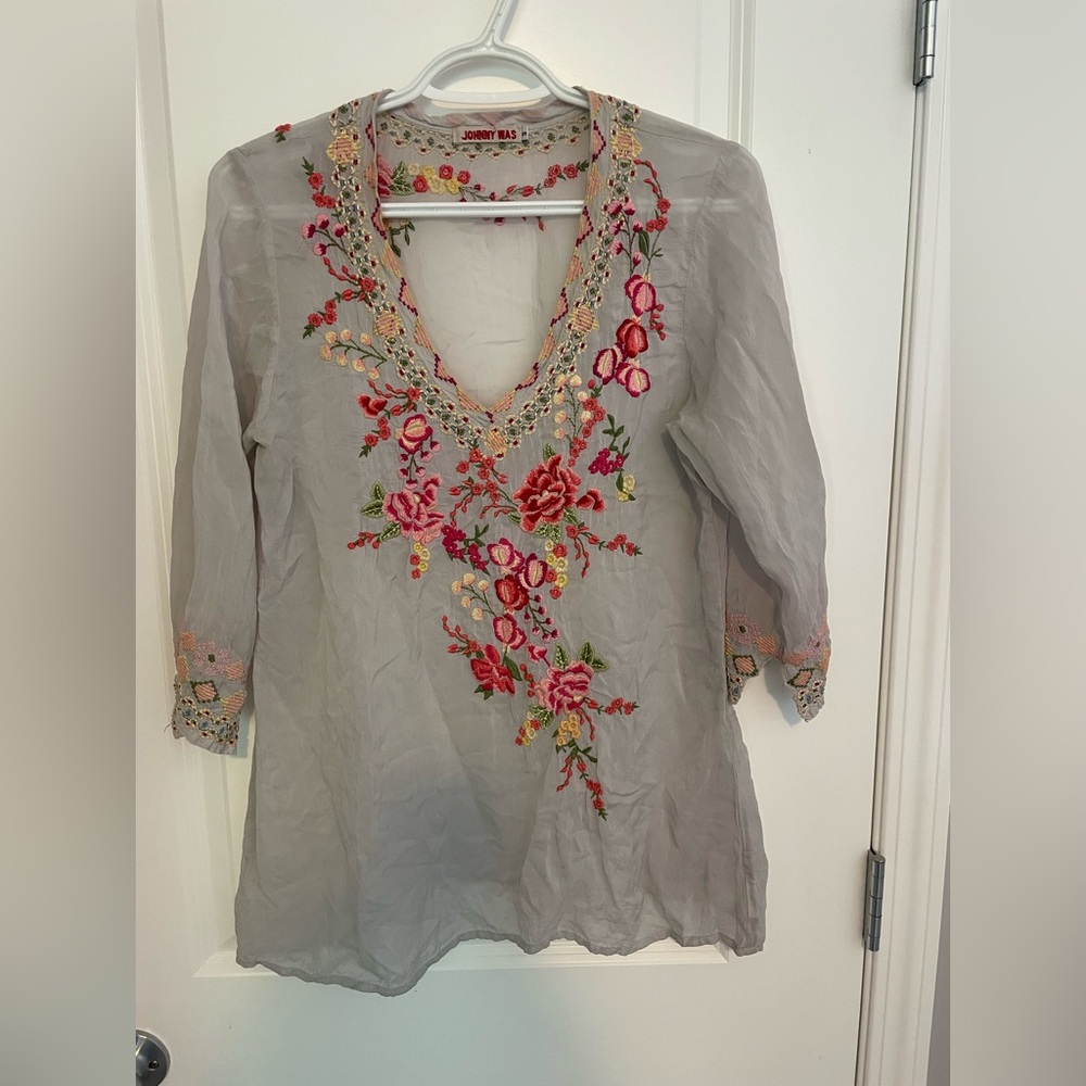 Johnny Was Gray Tunic with Pink and Red Floral Embroidery
